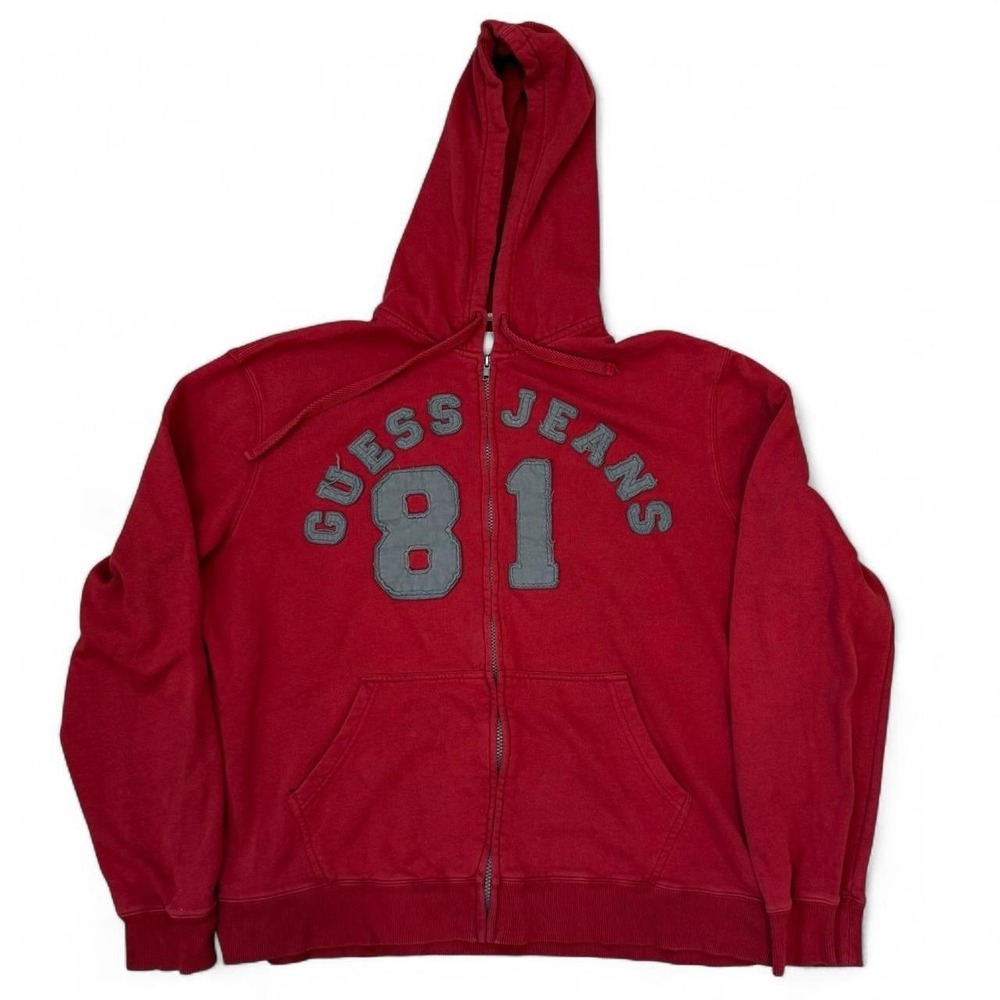 Guess Jeans 81 Red Full Zip Hoodie Men's Size XXL Skater Sweatshirt Drawstring